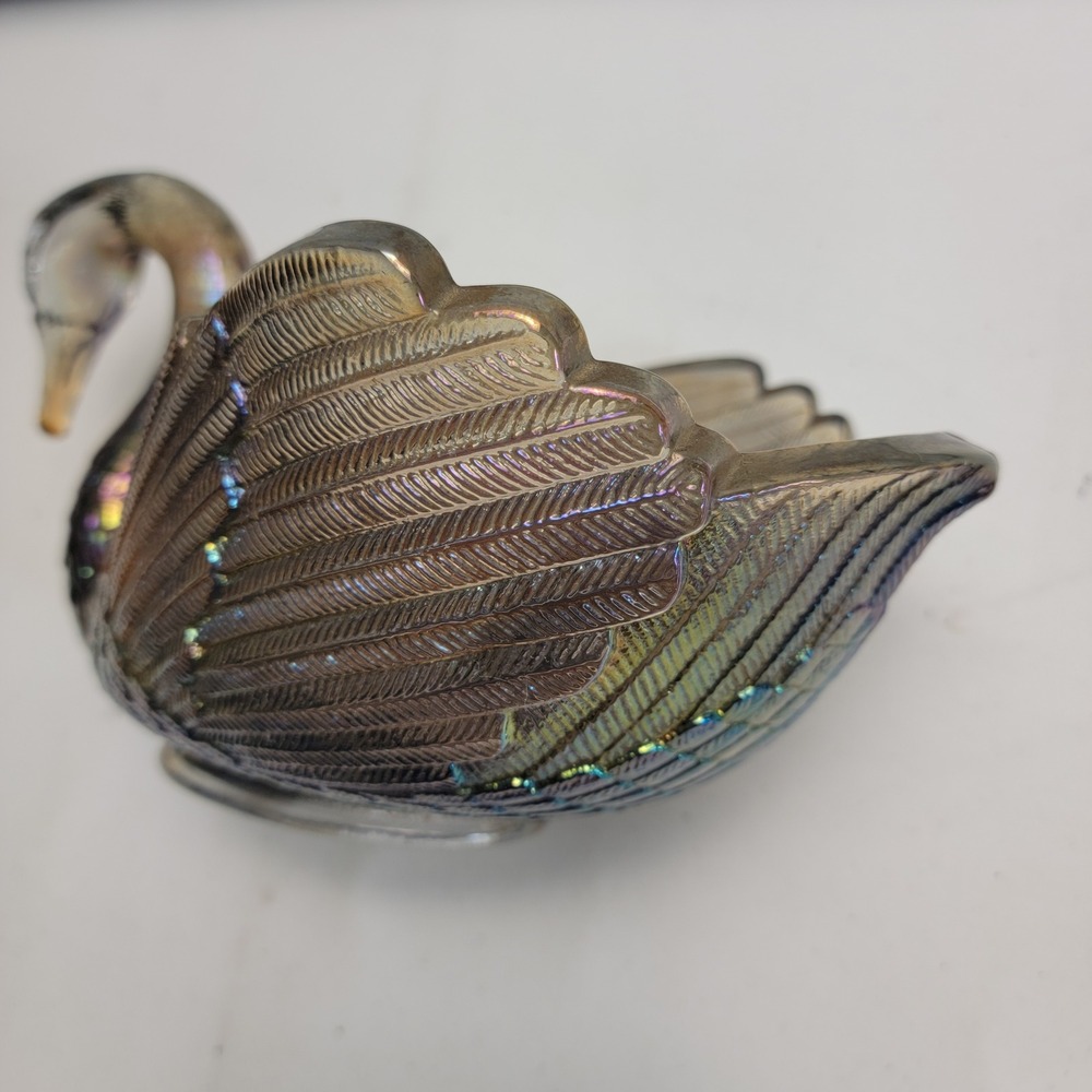 Imperial Glass Smoke Carnival Glass Swan Dish Figurine Iridescent IG Mark - Picture 4 of 15